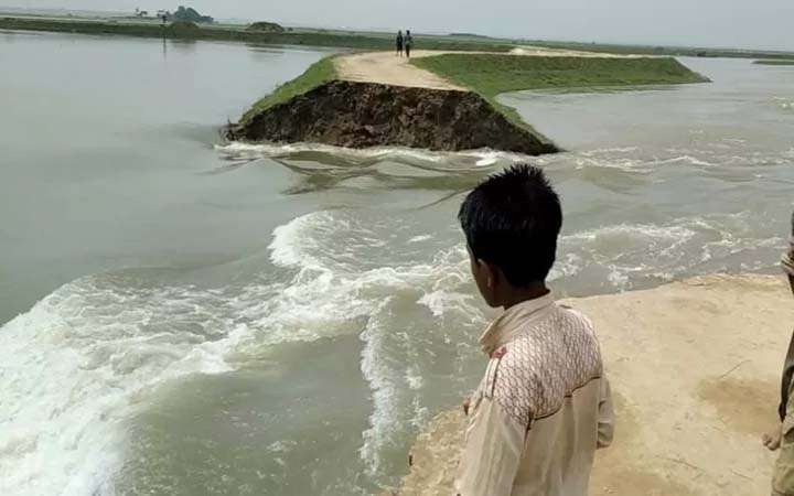 সুনামগঞ্জে হাওরের বাঁধ ভেঙ্গে হু হু করে ঢুকছে পানি