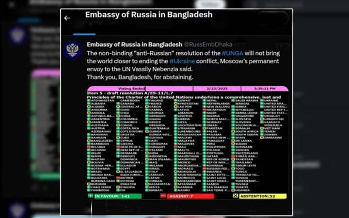 ভোটে বিরত থাকায় বাংলাদেশকে রাশিয়ার ধন্যবাদ