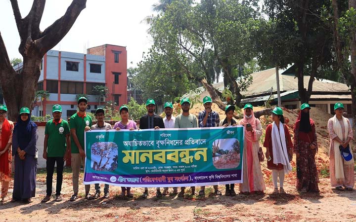 বাকৃবিতে বৃক্ষনিধনের প্রতিবাদে মানববন্ধন