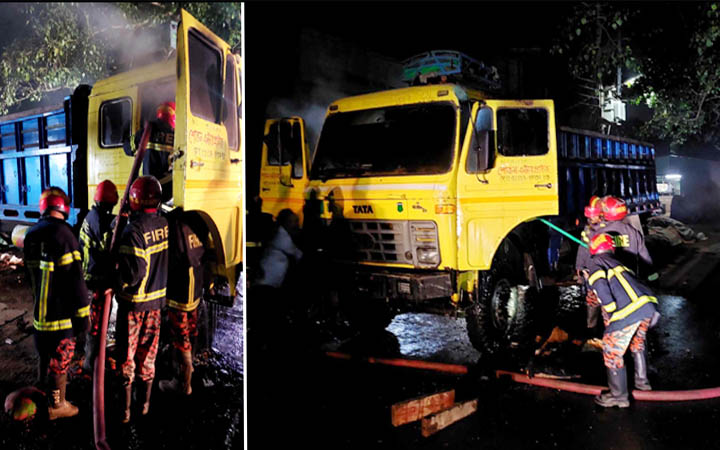 রাজশাহীতে থেমে থাকা ট্রাকে আগুন