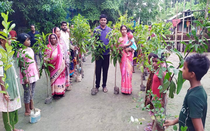 কন্যাশিশুর বাবা-মা হওয়ার আনন্দে গ্রামজুড়ে ফলের চারা বিতরণ
