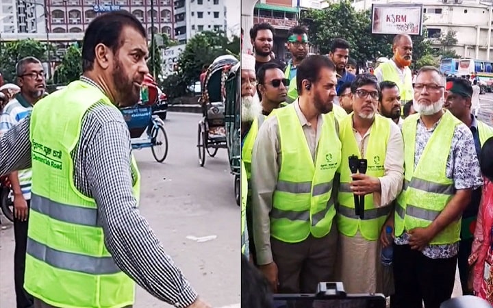 শিক্ষার্থীদের সঙ্গে সড়কে ট্রাফিক নিয়ন্ত্রণে ইলিয়াস কাঞ্চন