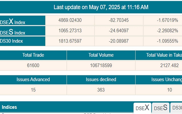 ডিএসইতে সূচকে বড় পতন